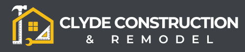 A logo for clyde construction and remodel with a house and hammer.